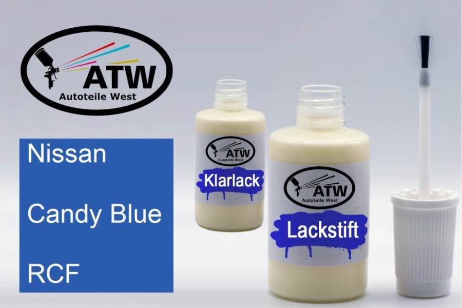 Nissan, Candy Blue, RCF: 20ml Lackstift + 20ml Klarlack - Set, von ATW Autoteile West.